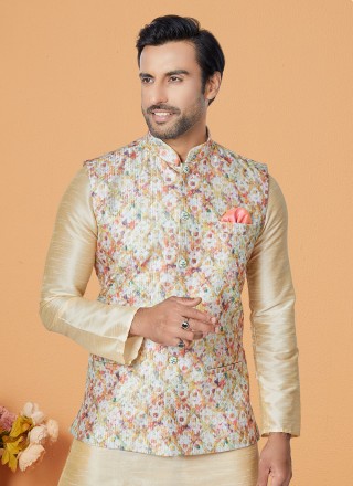 Cream and Multi Colour Mehndi Banarasi Silk Kurta Payjama With Jacket