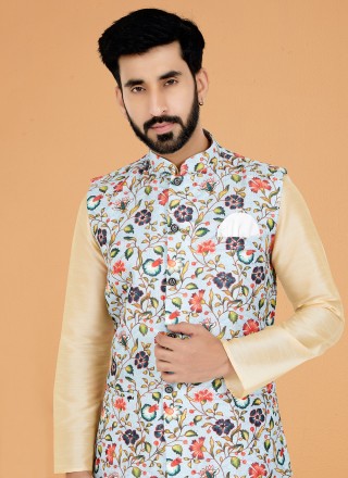 Cream and Multi Colour Reception Polyester Kurta Payjama With Jacket