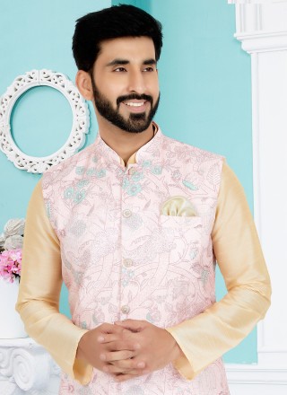 Cream and Pink Mehndi Kurta Payjama With Jacket