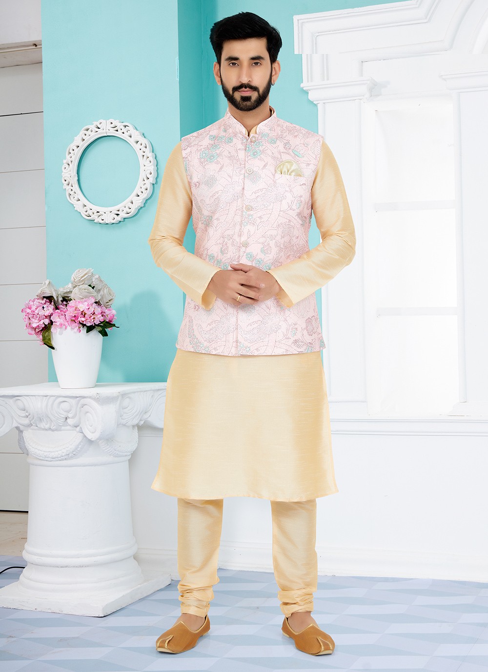 cream and pink mehndi kurta payjama with jacket 266790