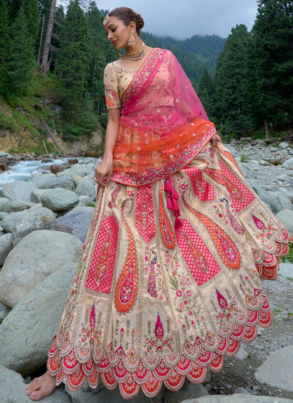 Organza Fabric Cream Colour Semi-Stitched Lehenga with Embroidered,Mirror  work & Choli with Net Dupatta in Sequence Work