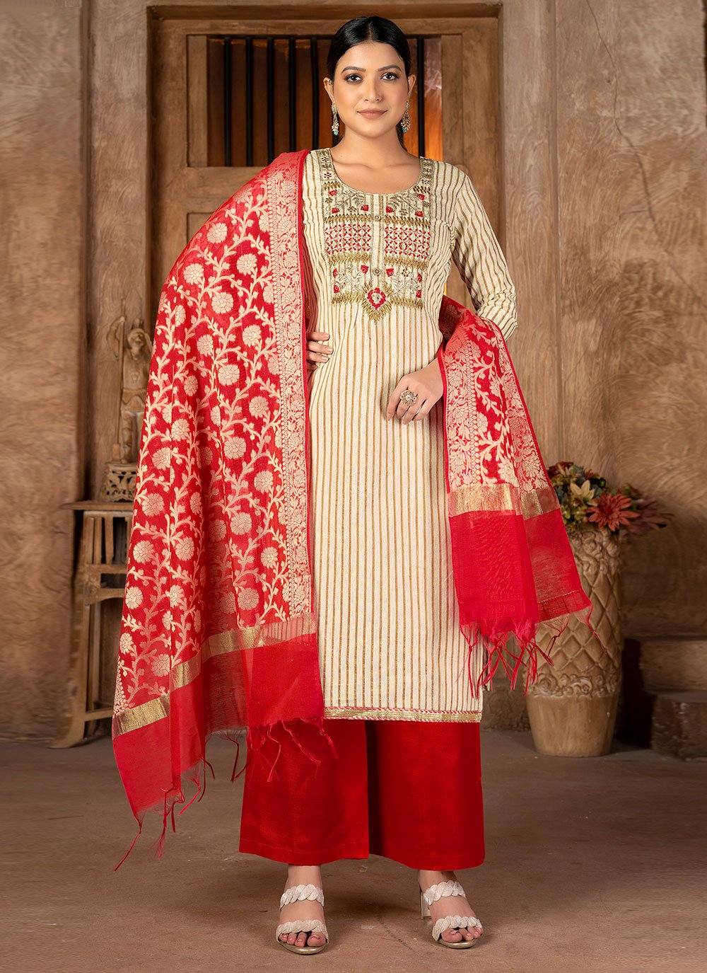 Cream and Red Cotton Weaving Palazzo Salwar Kameez