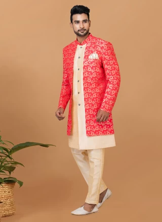 Cream and Red Jacquard Silk Fancy Indo Western Sherwani