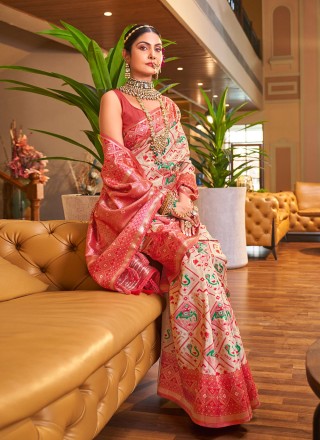Cream and Red Weaving Designer Traditional Saree