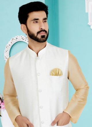 Cream and White Fancy Mehndi Kurta Payjama With Jacket