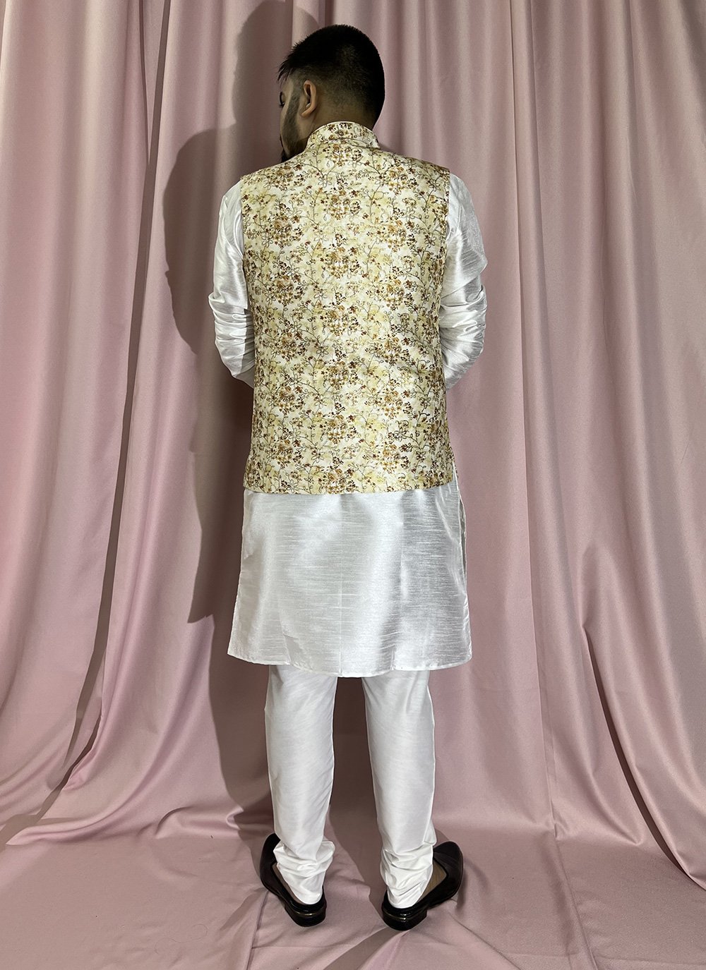 White kurta pajama with golden jacket hot sale