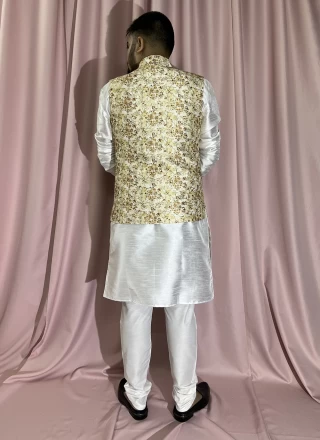 Cream and White Mehndi Kurta Payjama With Jacket