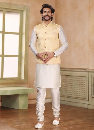 Cream and Yellow Banarasi Jacquard Mehndi Kurta Payjama With Jacket