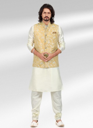 Cream and Yellow Fancy Banarasi Jacquard Kurta Payjama With Jacket