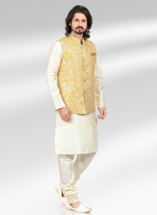 Cream and Yellow Fancy Banarasi Jacquard Kurta Payjama With Jacket