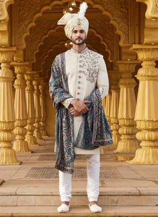 Cream Art Silk Embroidered and Hand Work Sherwani
