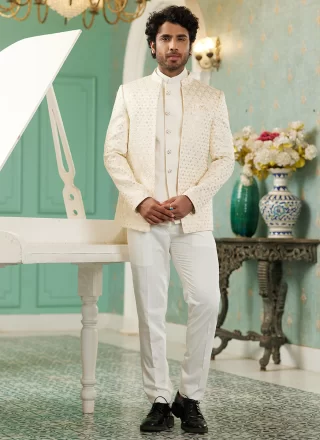Cream Art Silk Indo Western with Machine Embroidery and Thread Work