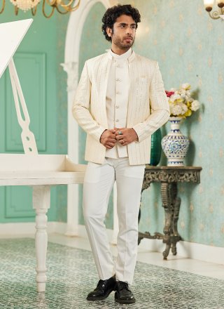 Cream Art Silk Machine Embroidery and Thread Work Indo Western for Engagement