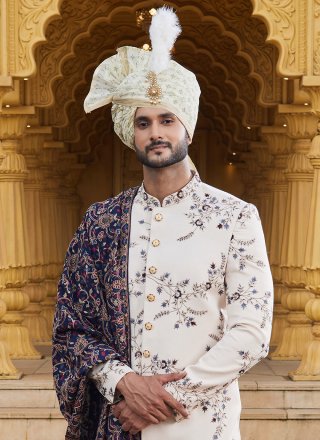 Cream Art Silk Sherwani with Fancy and Machine Embroidery Work for Engagement