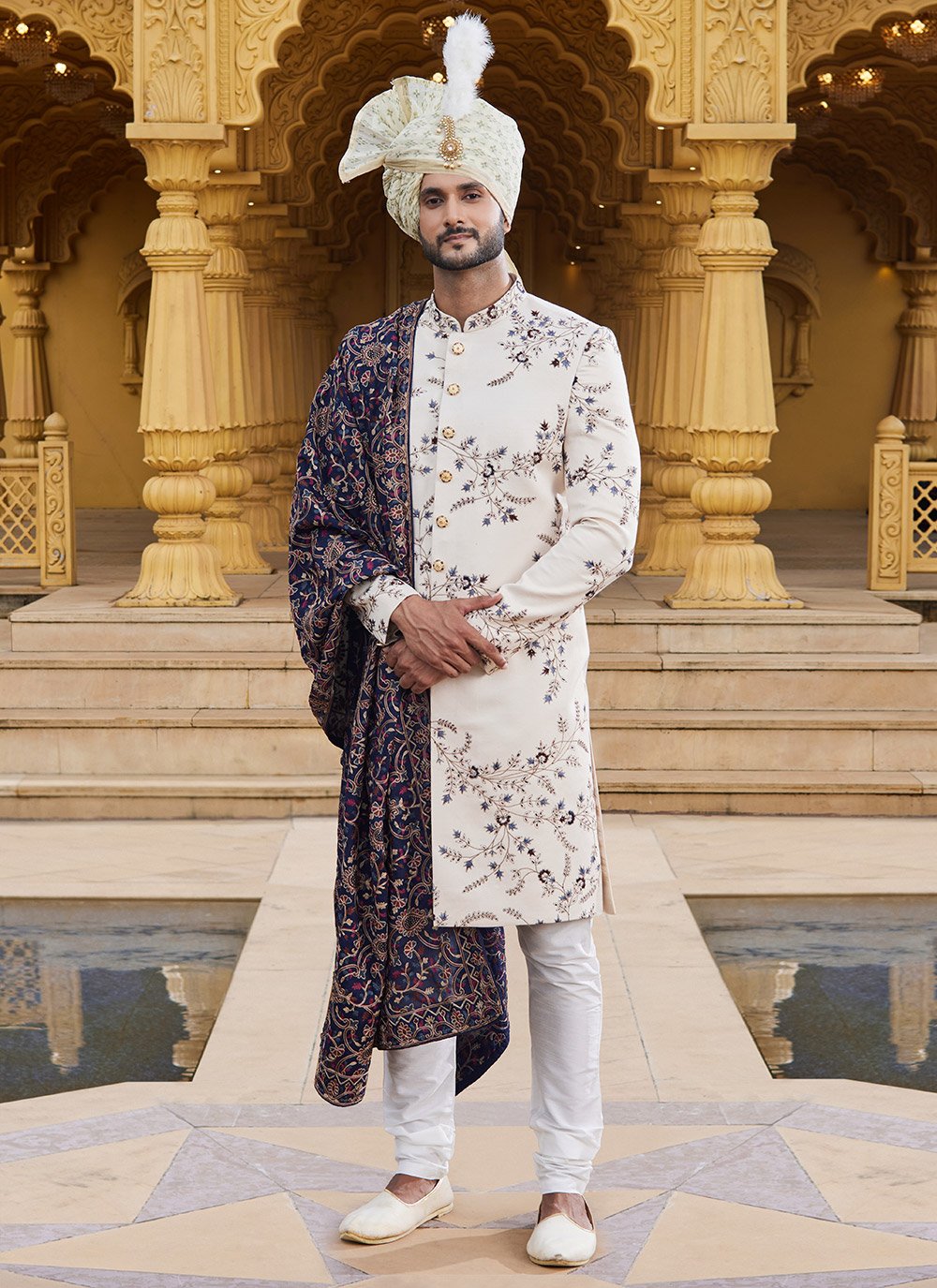 Buy Online Cream Art Silk Sherwani with Fancy and Machine Embroidery Work  for Engagement : 272412 - Mens
