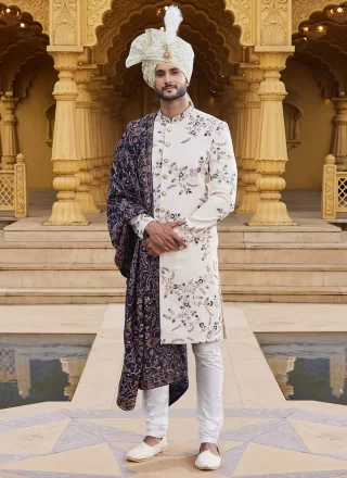 Cream Art Silk Sherwani with Fancy and Machine Embroidery Work for Engagement
