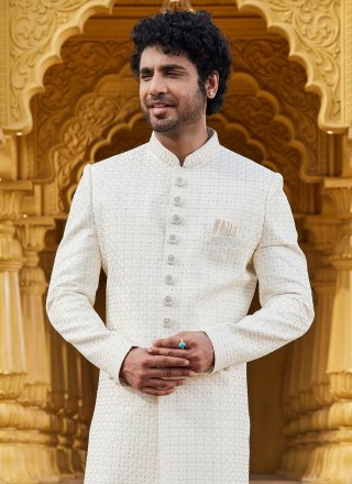 Cream Art Silk Sherwani with Machine Embroidery and Thread Work