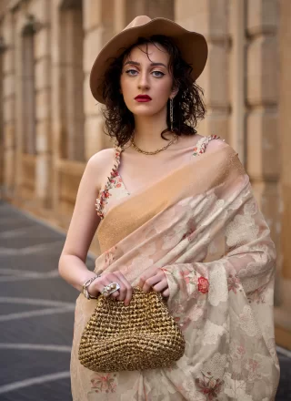 Cream Brasso Print and Weaving Work Contemporary Sari