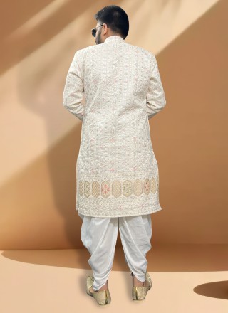 Cream Embroidered Silk Indo Western Sherwani