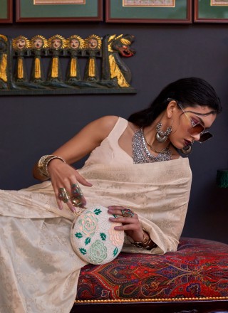 Cream Handloom silk Weaving Trendy Saree