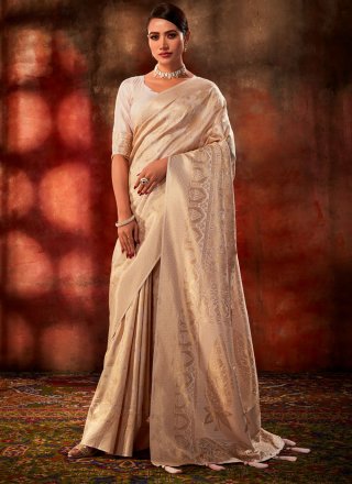 Kerela Kasavu Silk Chiffon Saree in Cream : SNGA5376