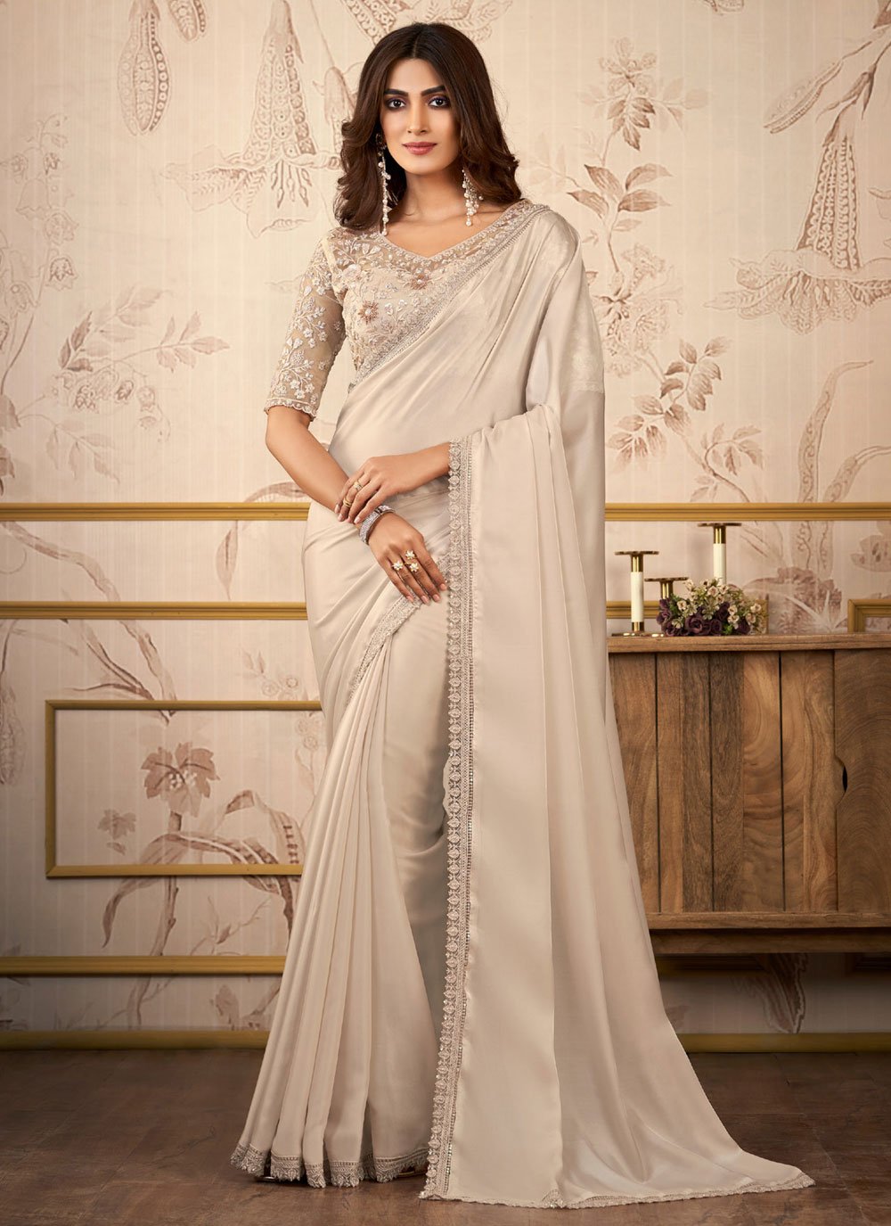 Grey Silk Patch Border and Embroidered Work Contemporary Saree for Women