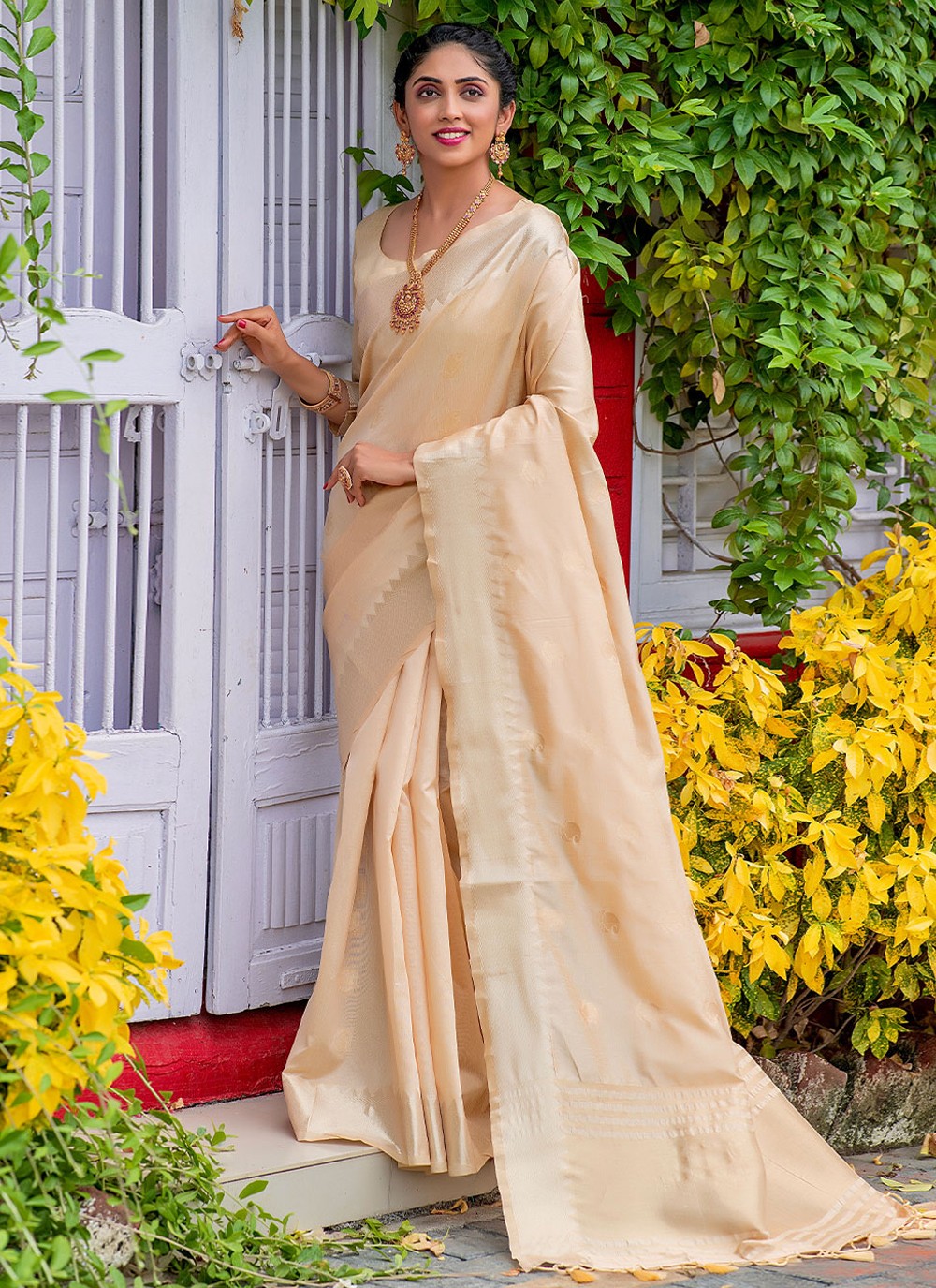 Cream Silk Embroidered Saree|SARV145306