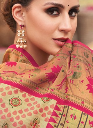 Cream Silk Woven Work Contemporary Sari for Ceremonial