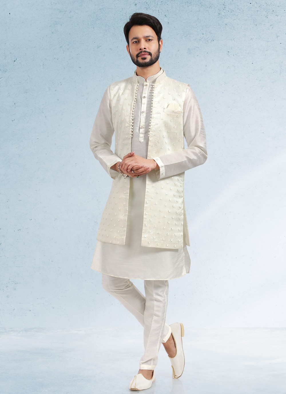 Mehendi green Resham and zari work Men Kurta Pajama BN3153185