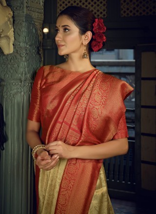 Cream Weaving Kanjivaram Silk Designer Traditional Saree
