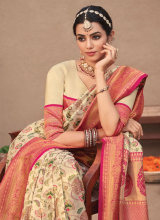 Cream Woven Work Silk Classic Sari