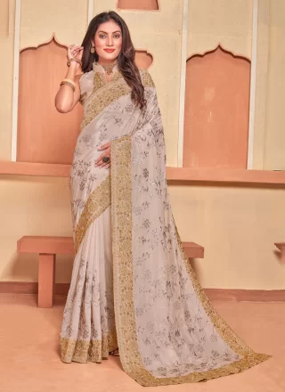 Crepe Silk Cream Embroidered Saree