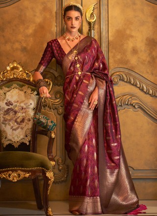 Crimson Satin Weaving Trendy Saree