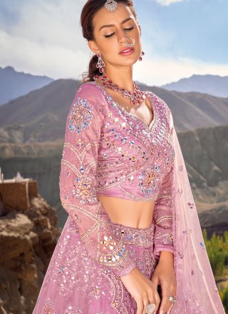 Cut, Embroidered and Mirror Work Organza Lehenga Choli In Pink for Engagement