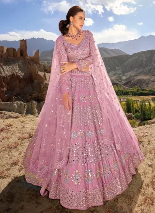 Cut, Embroidered and Mirror Work Organza Lehenga Choli In Pink for Engagement