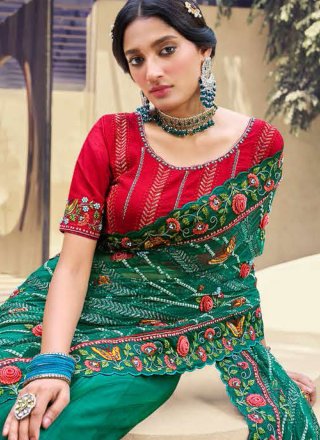 Delectable Green Net Contemporary Saree with Embroidered Work