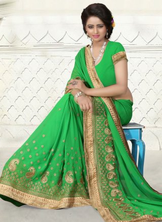 Delightful Green Georgette Casual Sari with Embroidered and Zari Work