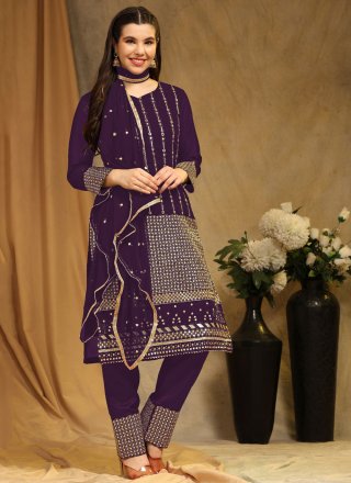 Delightful Wine Faux Georgette Salwar Suit with Embroidered Work