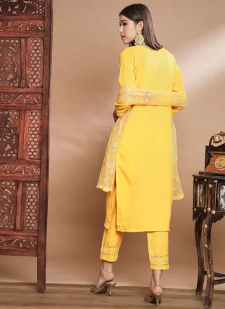 Demure Yellow Cotton Readymade Salwar Suit with Embroidered Work