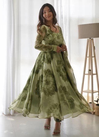 Designer Gown Printed Organza in Green