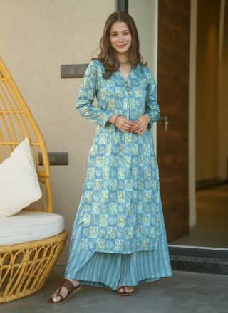 Designer Kurti Digital Print Muslin in Aqua Blue