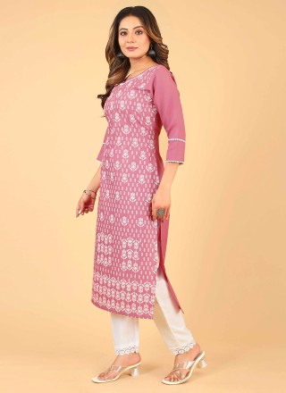 Designer Kurti Printed Cotton in Pink