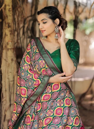 Designer Lehenga Choli Printed Silk in Green and Pink