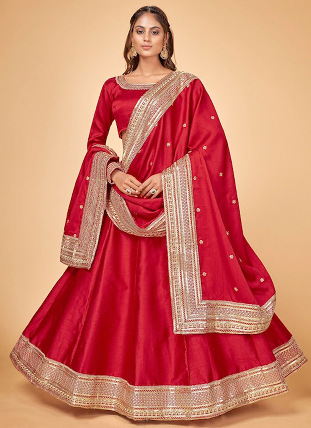 Designer Long Lehenga Choli Sequins Raw Silk in Red