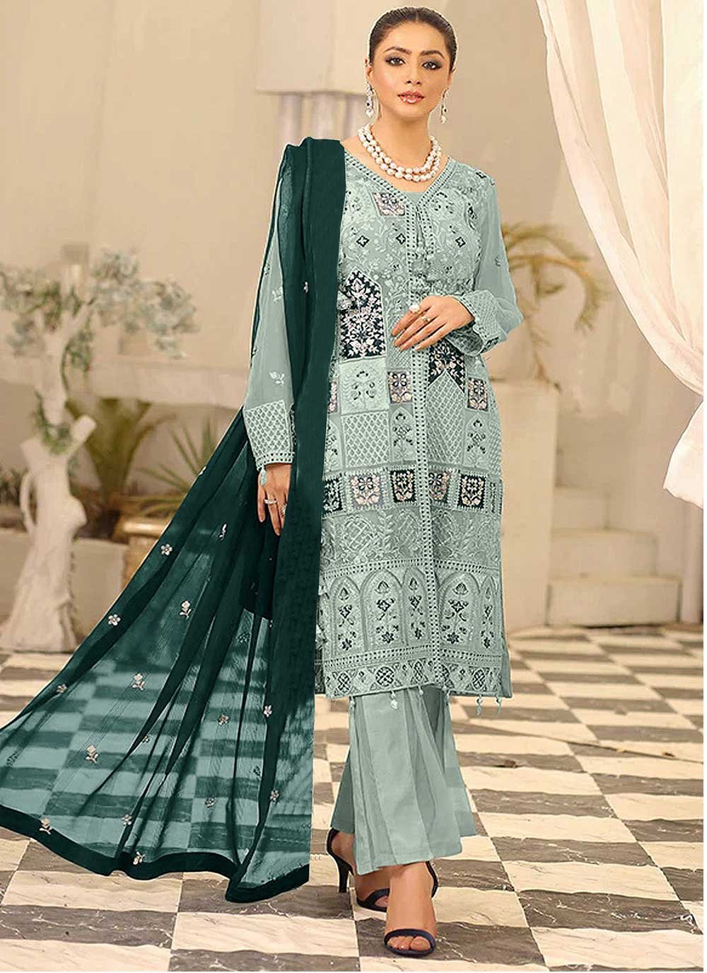 Designer Pakistani Salwar Suit Embroidered Faux Georgette in Green