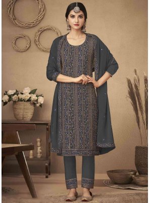 Designer Salwar Suit Lace Chinon in Grey