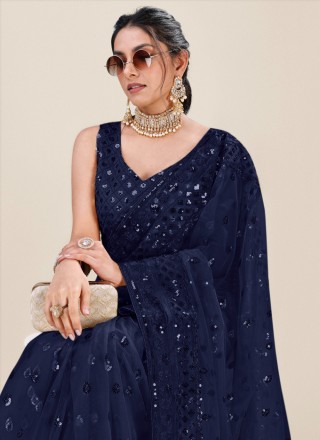 Designer Saree Machine Embroidery  Net in Navy Blue