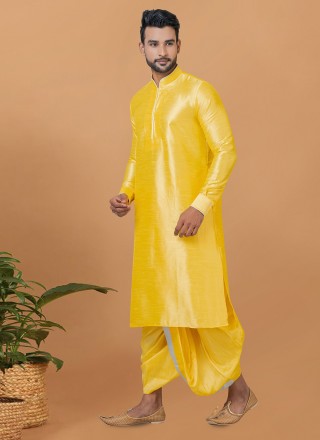Dhoti Kurta Plain Banarasi Silk in Yellow