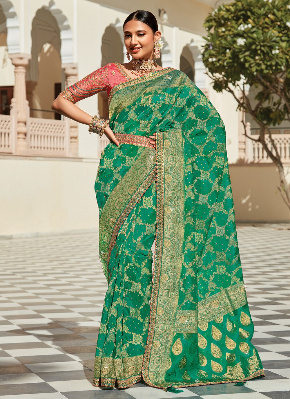 Emerald Green Georgette Heavy Sequins Embroidery Saree - Urban Womania