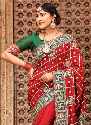 Diamond Silk Red Contemporary Style Saree